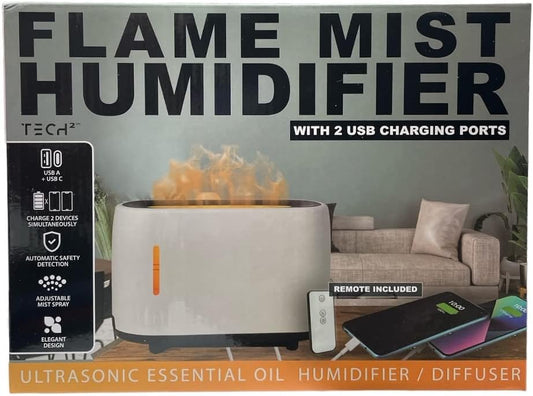 Humidificador de niebla de llama con 2 puertos de carga USB en blanco