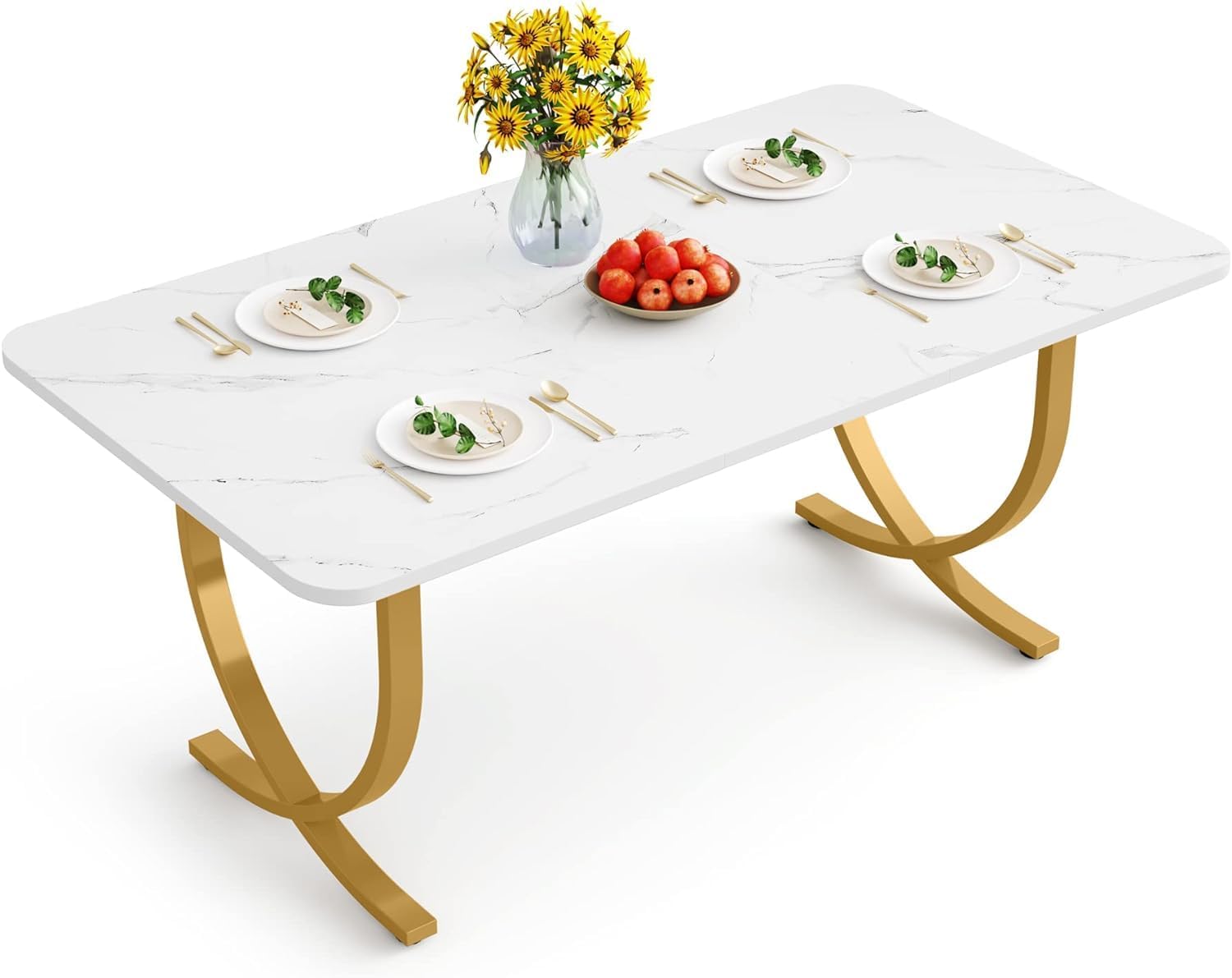 Mesa de comedor rectangular para mesa de cocina moderna blanca y dorada de 4 a