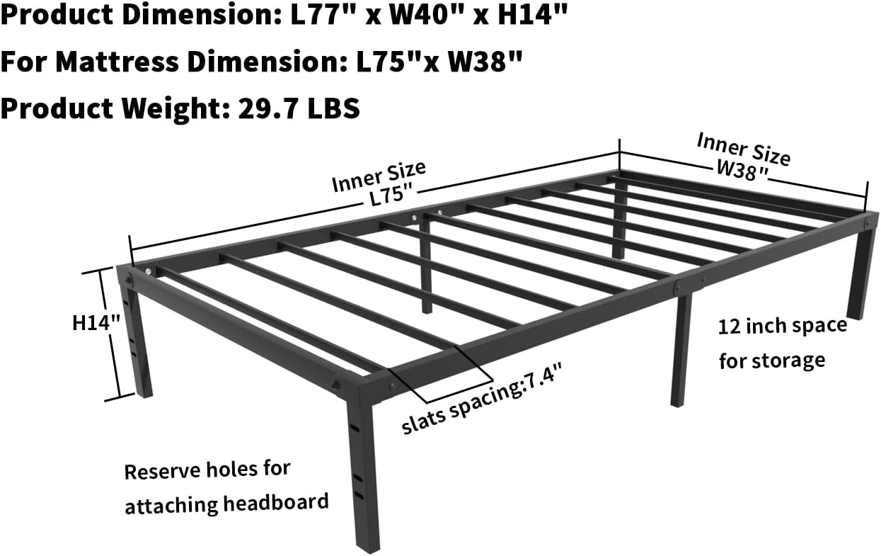 Base de cama de tamaño individual con almacenamiento de metal de 14 pulgadas,...