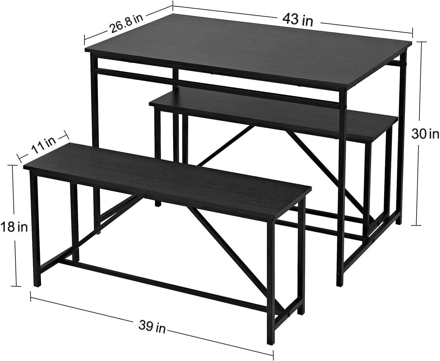 Juego de mesa de comedor de 3 piezas de 43 pulgadas, mesa de cocina con dos