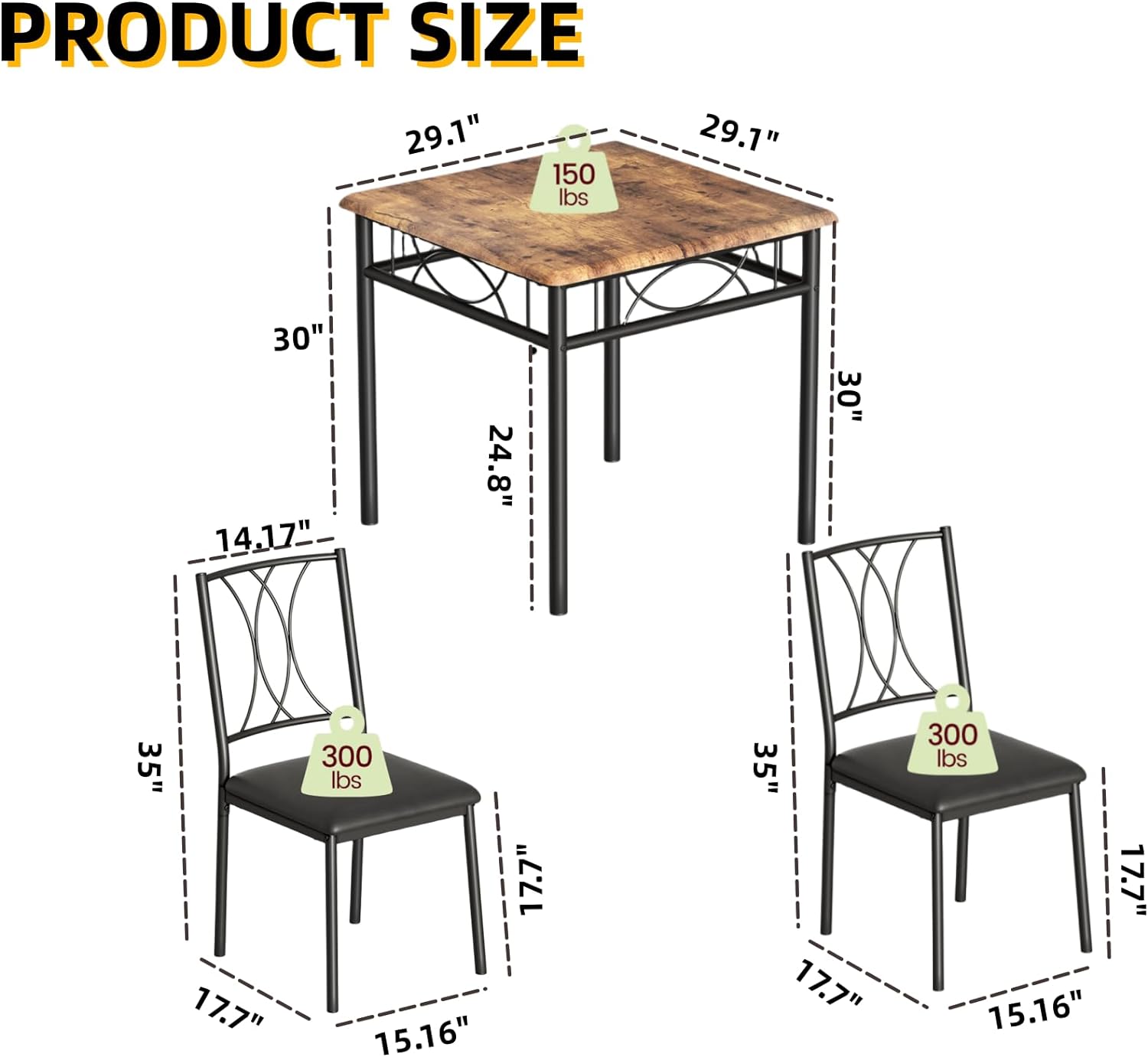 kicthen Juego de mesa de comedor para 2 personas con sillas tapizadas