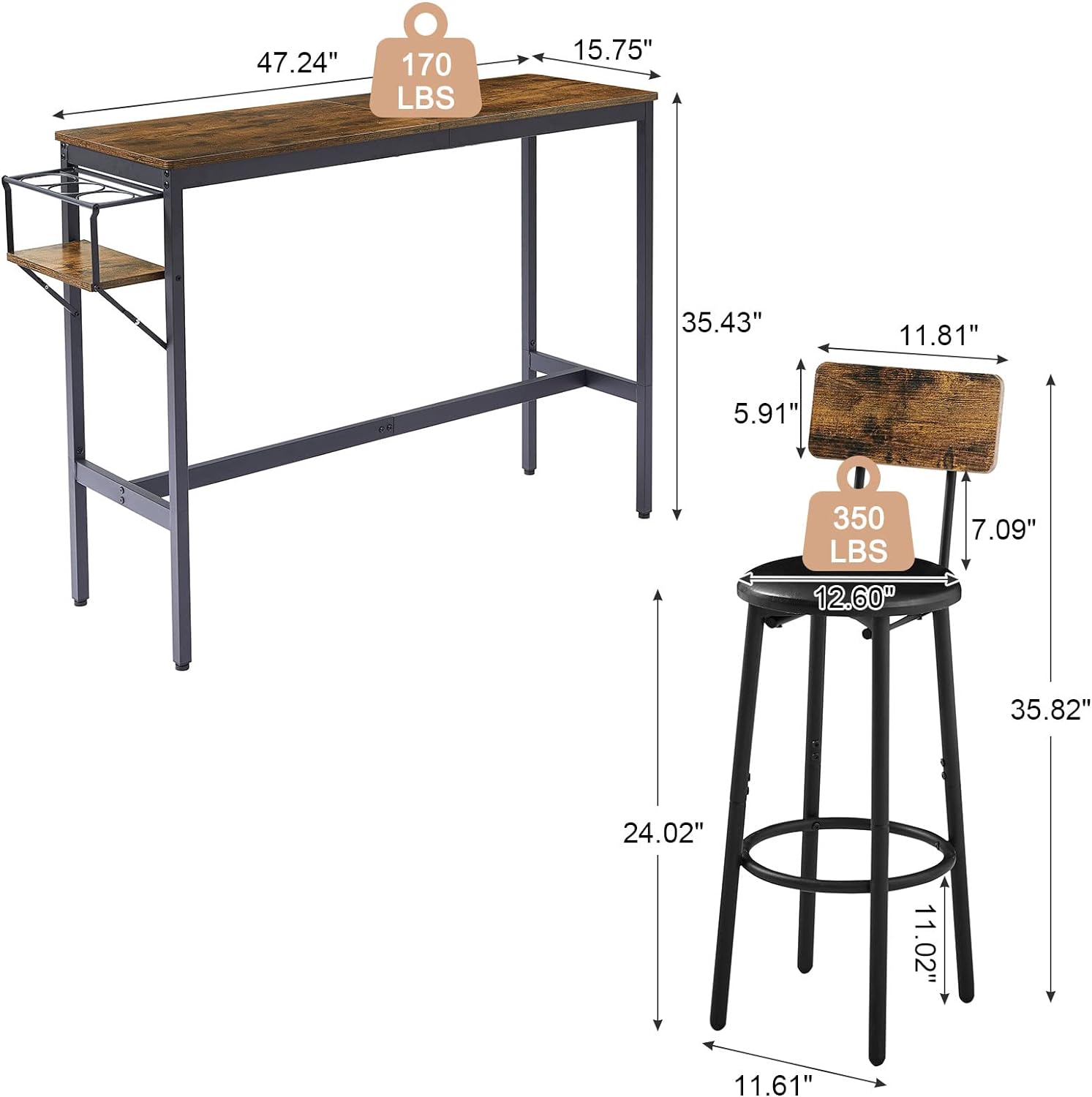 Juego de mesa de bar y sillas de 3 piezas, mesa de pub con estante plegable