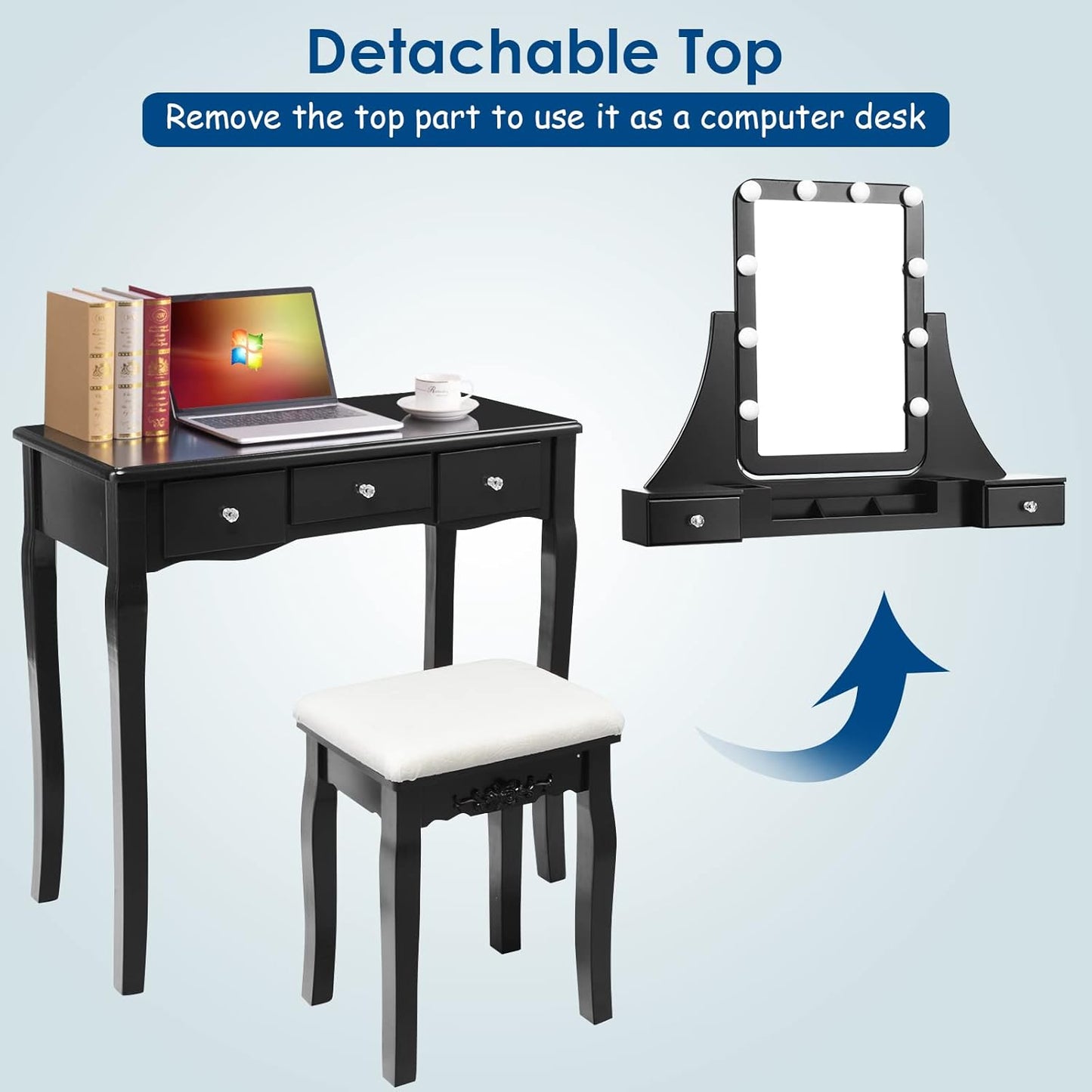 LDAILY Juego de mesa de tocador con 10 luces LED, tocador de maquillaje con