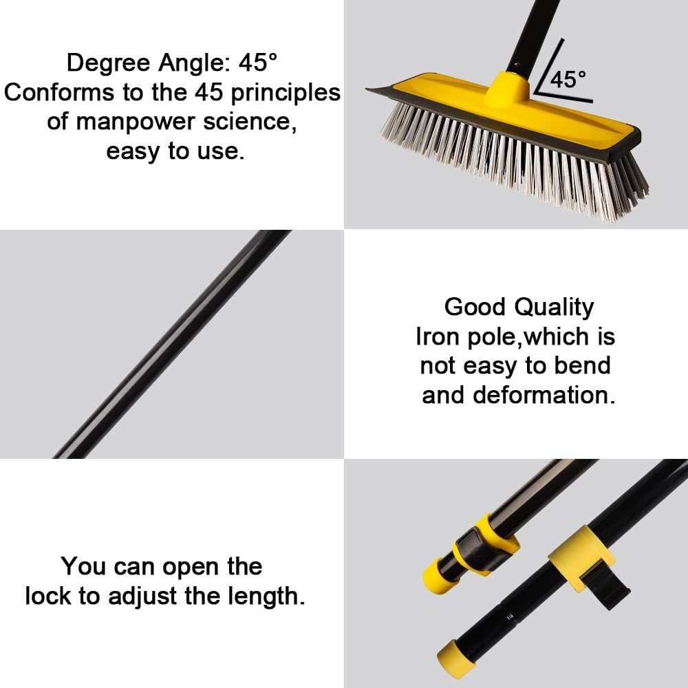 Cepillo de limpieza de suelo con mango de 60 pulgadas de largo, escoba 2 en 1