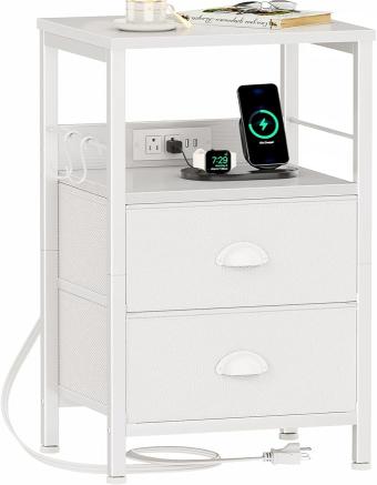 Mesa auxiliar con estación de carga Furologee, con cajones de tela, puertos USB y tomacorrientes