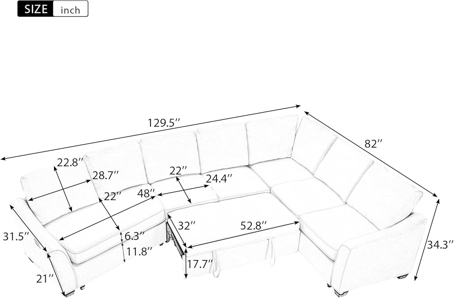 Sofá cama modular de 129.5 pulgadas de ancho con cama extraíble, moderno sofá