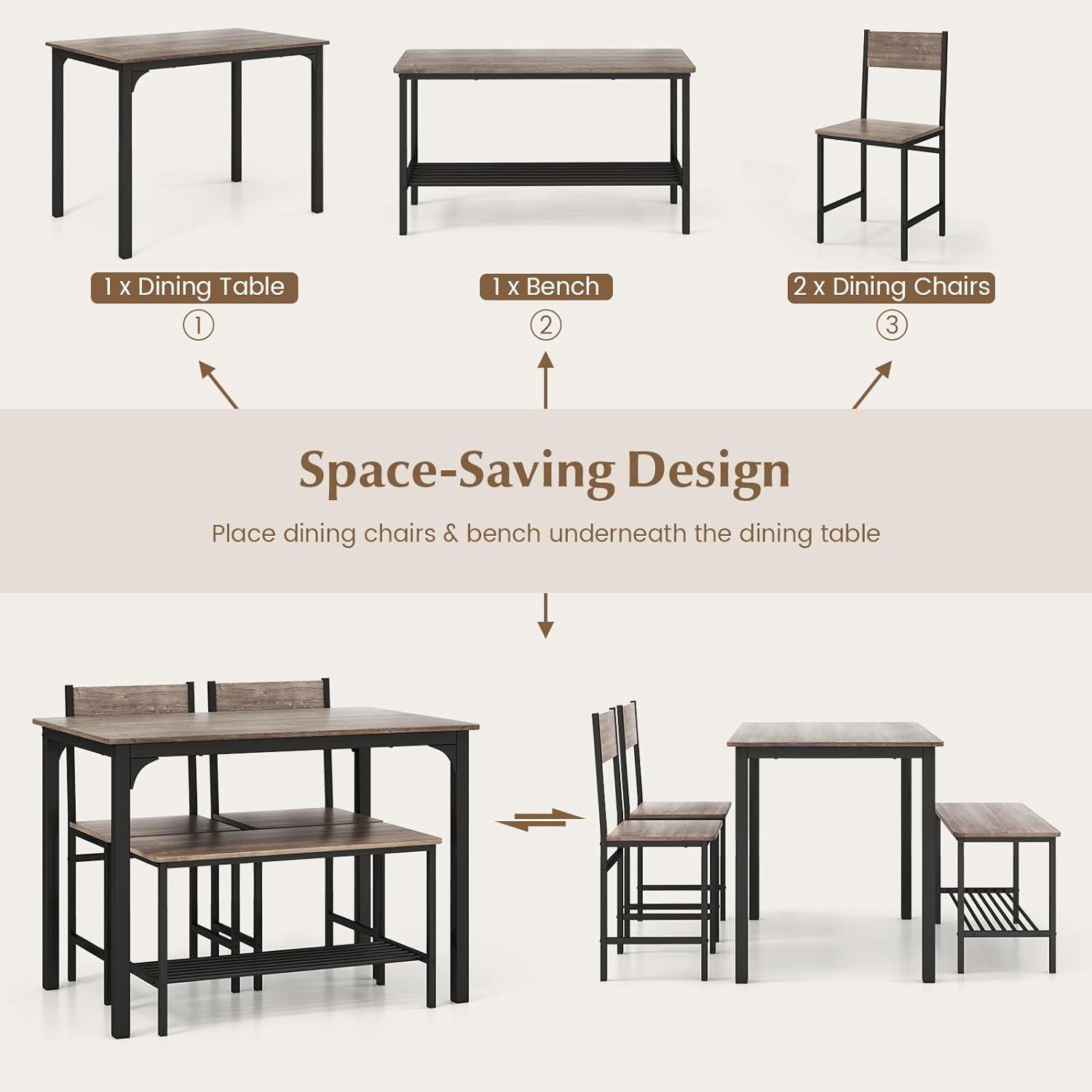 COSTWAY Juego de mesa de comedor de 4 piezas para 4, mesa de cocina con 1 banco