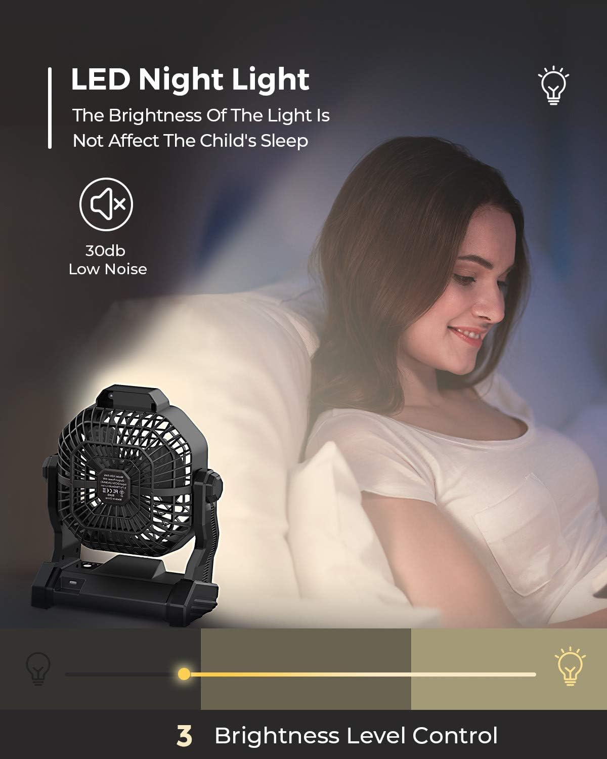 Ventilador de camping con linterna LED, ventilador de batería recargable de 9...