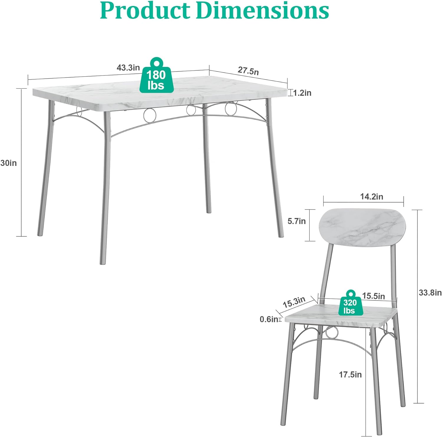 Juego de mesa de comedor de 5 piezas, comedor rectangular con 4 sillas para