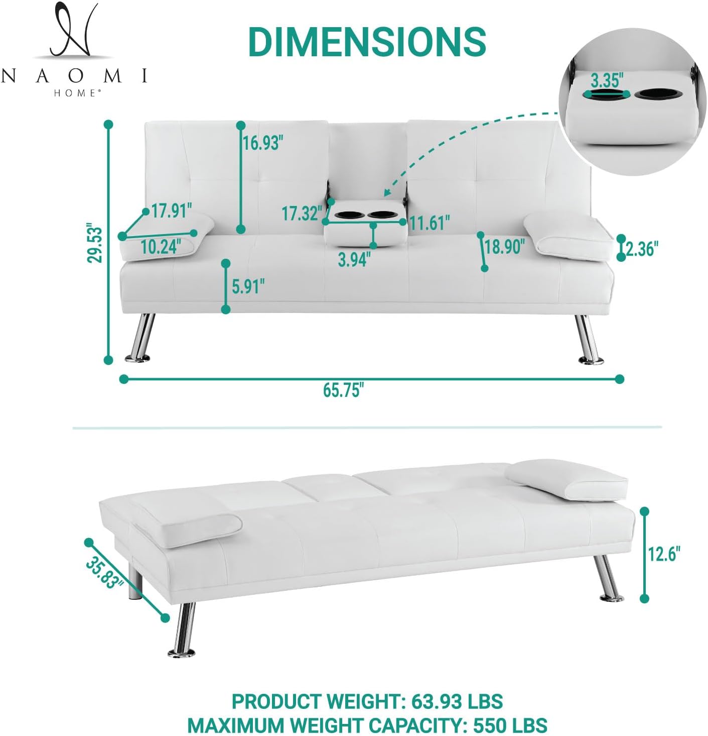 Naomi Home Transforma tu espacio vital con el cómodo sofá cama futón blanco con...