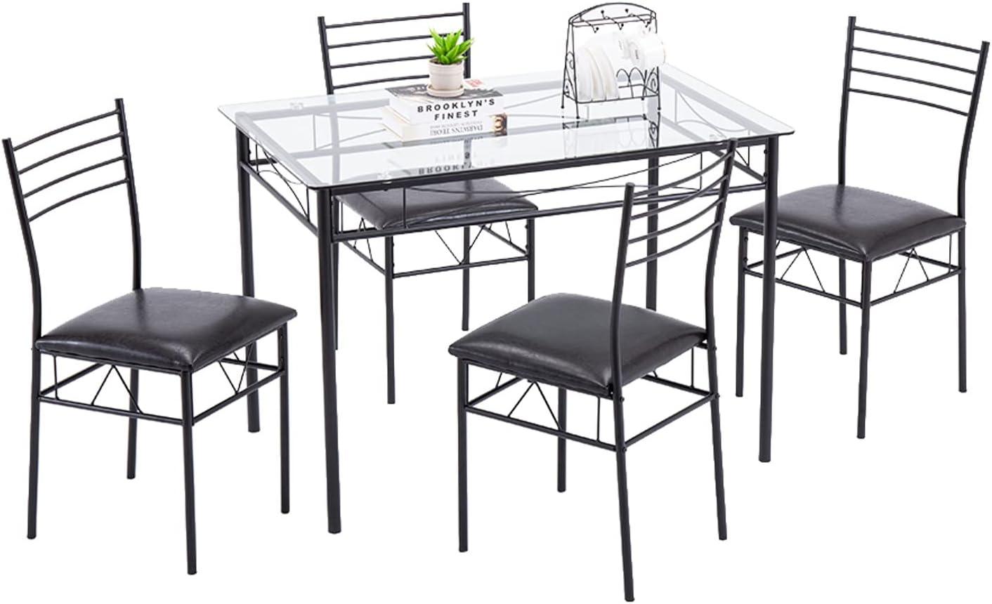 Juego de mesa de comedor de 5 piezas con 1 mesa de comedor de cristal y 4