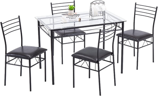 Juego de mesa de comedor de 5 piezas con 1 mesa de comedor de cristal y 4