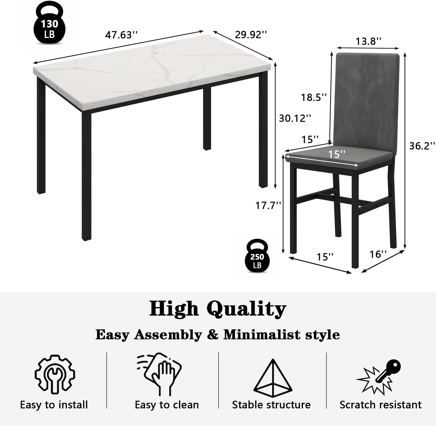 MIERE - Juego de mesa de comedor para 4, 5 piezas de mármol con 4 sillas de...