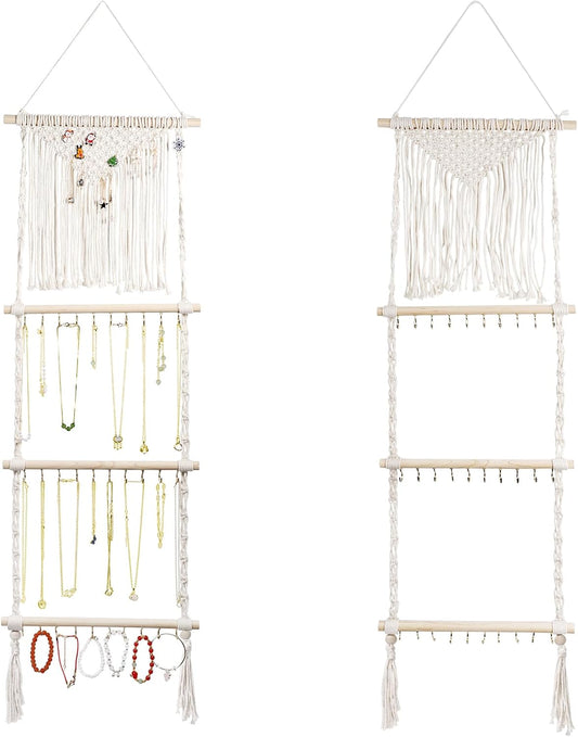 Organizador colgante de joyas, colgador de collar de macramé bohemio montado en