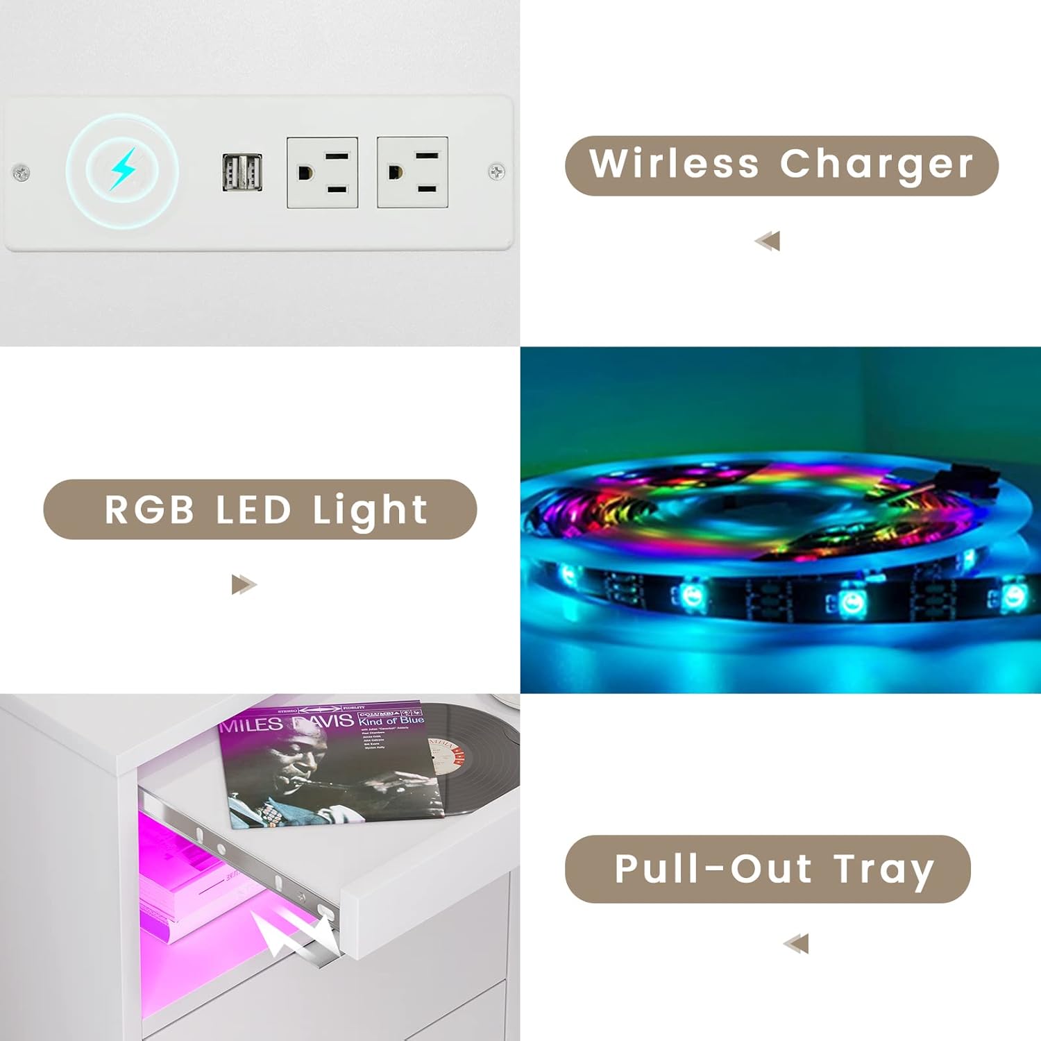 ADORNEVE Mesita de noche LED blanca con estación de carga inalámbrica, 2...