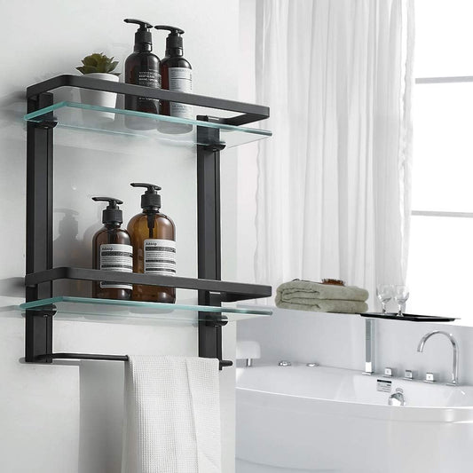 BESy Heavy Duty Lavatory Glass Bathroom Shelf, 2 Tier Tempered Glass Shower