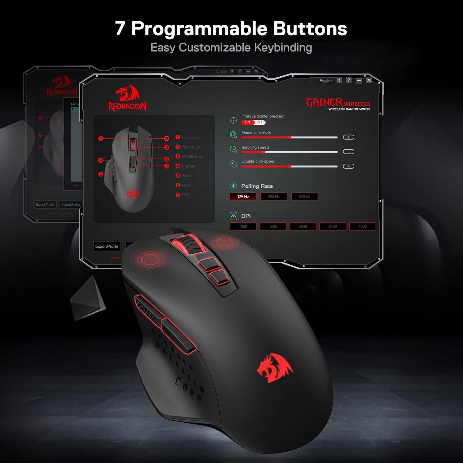 Redragon M656 Gainer - Mouse inalámbrico para juegos, 4000 DPI 2.4Ghz Gamer...