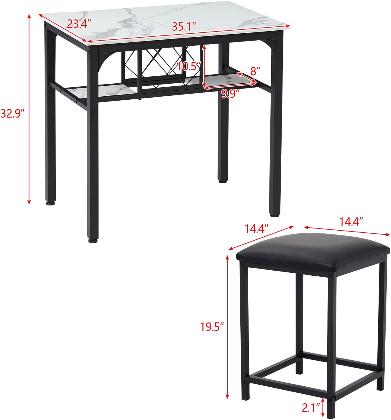 Juego de mesa de comedor y sillas de bar de 3 piezas con mesa de mármol