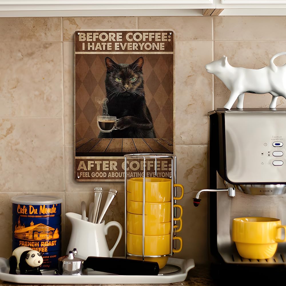 Letrero divertido de hojalata vintage con texto en inglés "Cat Before Coffee I...