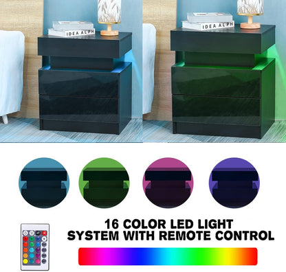 Mesita de noche LED con 2 cajones, mesita de noche con cajones de alto brillo