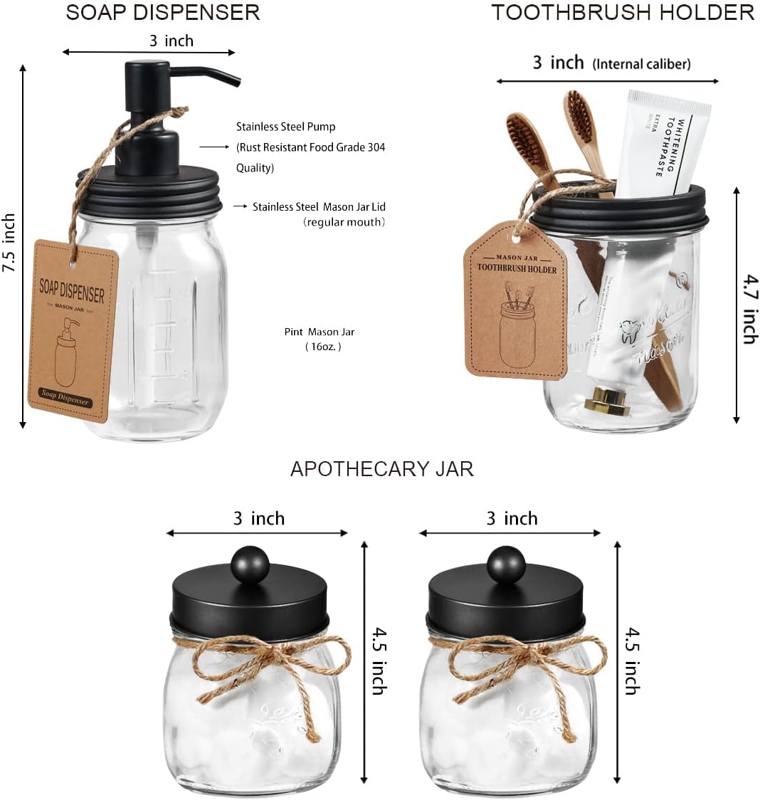 Amolliar Mason Jar - Juego de accesorios de baño de 4 piezas, dispensador de...
