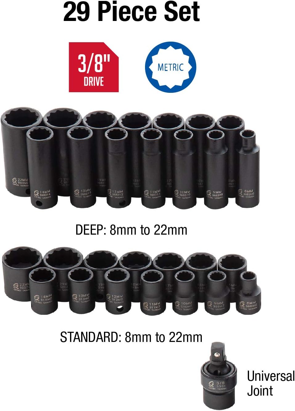 SUNEX TOOLS 3330, Juego de llaves de impacto Drive Master de 38 de pulgada, 12...