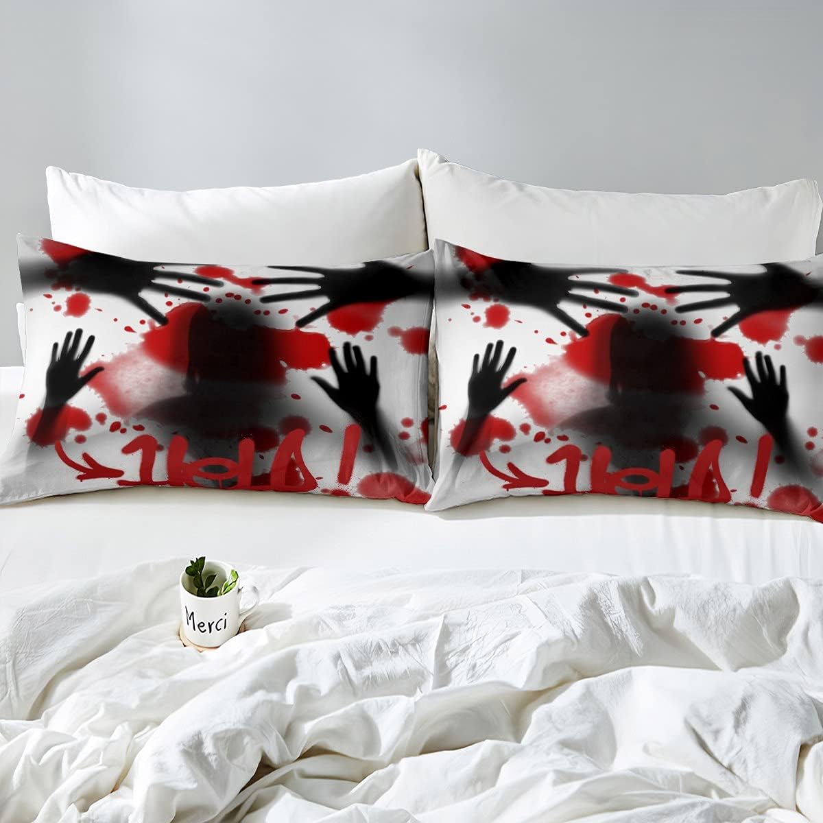 Juego de ropa de cama de Halloween, funda de edredón de manos sangrientas de...