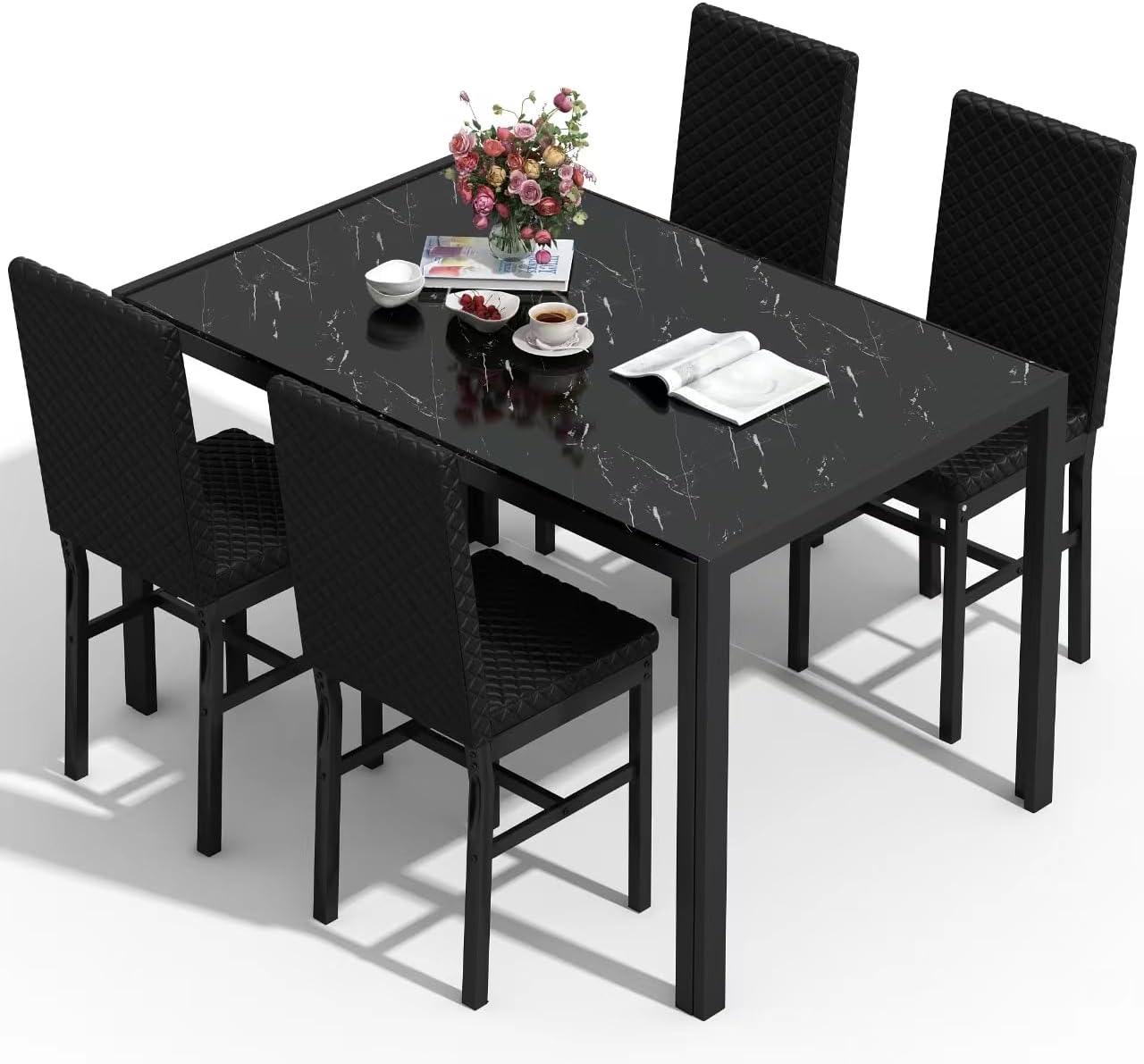 Dining Room Table Set for 4, 5-Piece Kitchen Table Chairs Set of 4, Glass