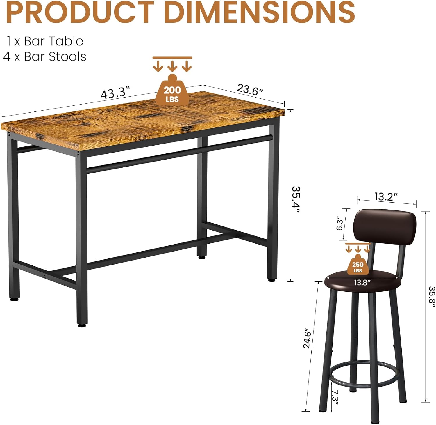 Juego de mesa de comedor para 4 bares, mesa de cocina y sillas para 4, mesa de