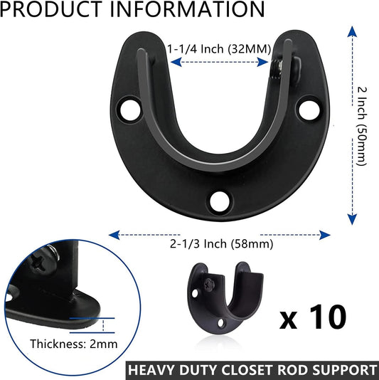 RHBLME 10 soportes de acero inoxidable para barra de armario, color negro, 1-14...