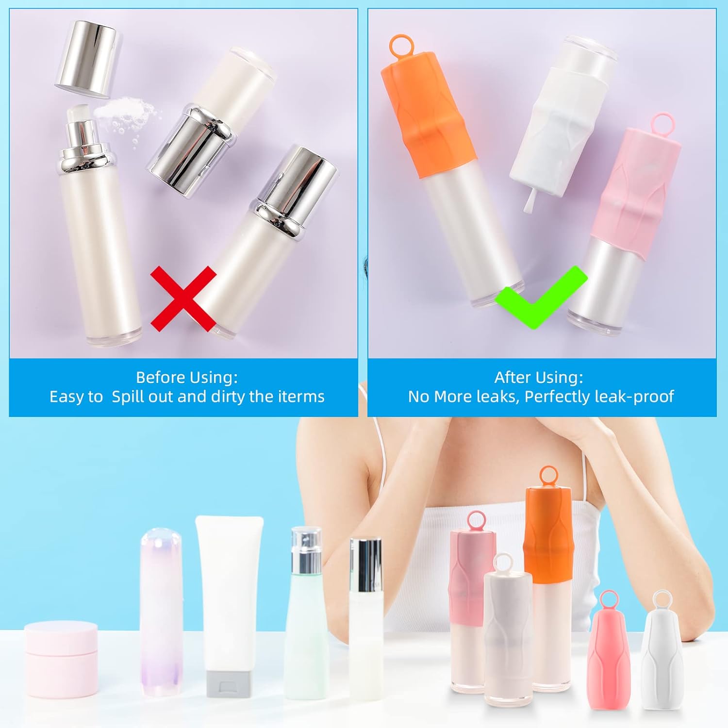 Fundas elásticas para viajes a prueba de fugas, fundas de botellas de silicona...