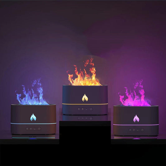 Difusor de aroma de atmósfera de llama tres en uno, humidificador, luz nocturna