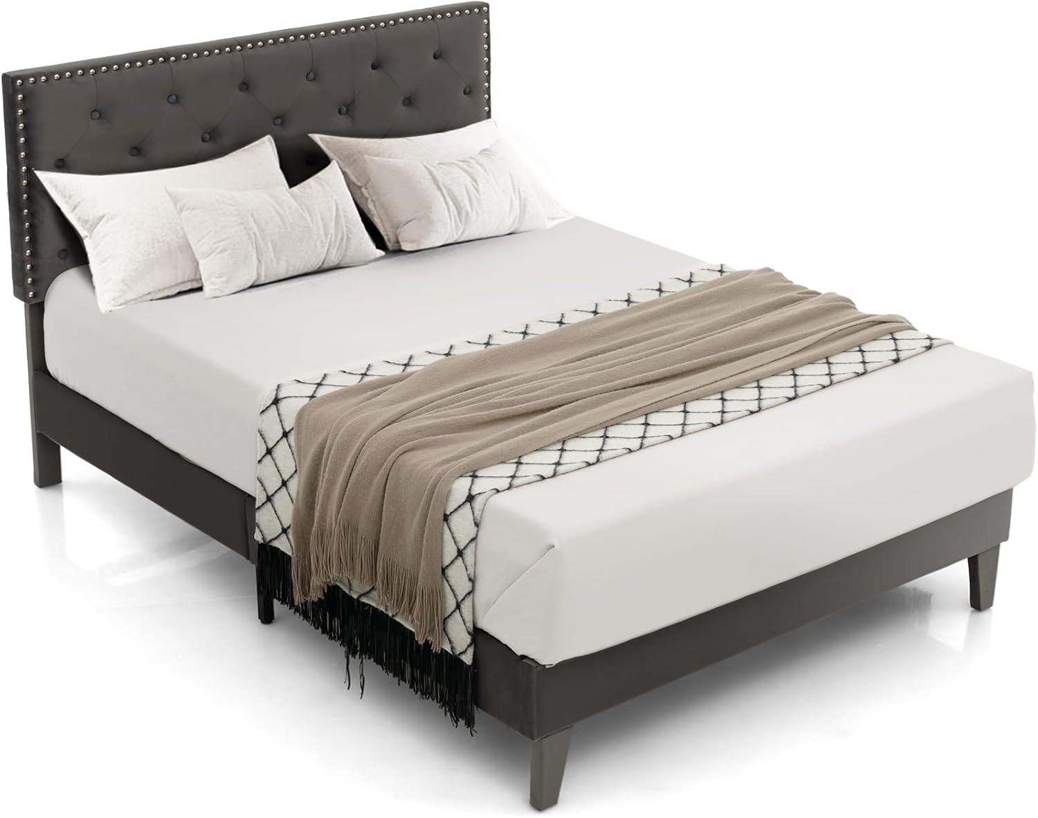 KOMFOTT Base de cama tapizada tamaño matrimonial, base de cama de plataforma...