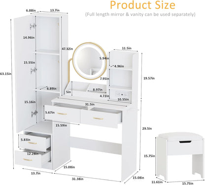 Escritorio de tocador blanco con espejo y luces y espejo de longitud completa,