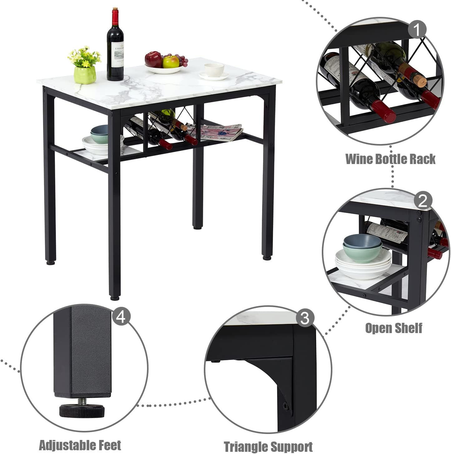 Juego de mesa de comedor y sillas de bar de 3 piezas con mesa de mármol