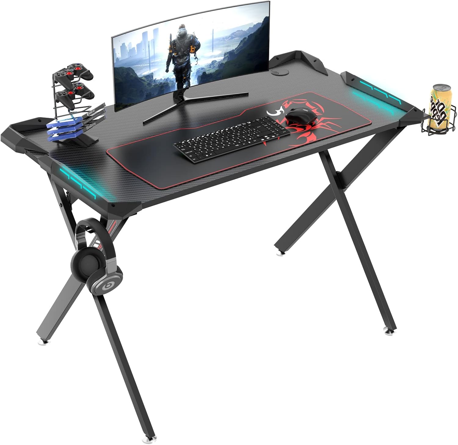 EUREKA ERGONOMIC Escritorio para juegos con luces LED RGB, escritorio para...