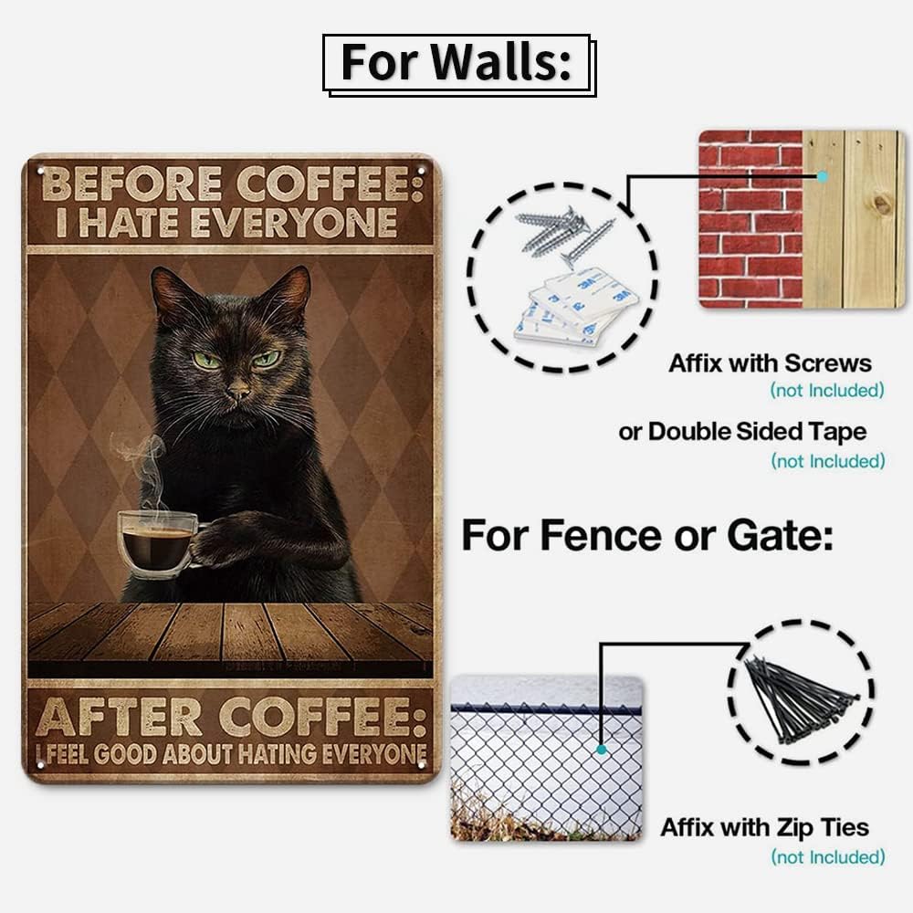 Letrero divertido de hojalata vintage con texto en inglés "Cat Before Coffee I...