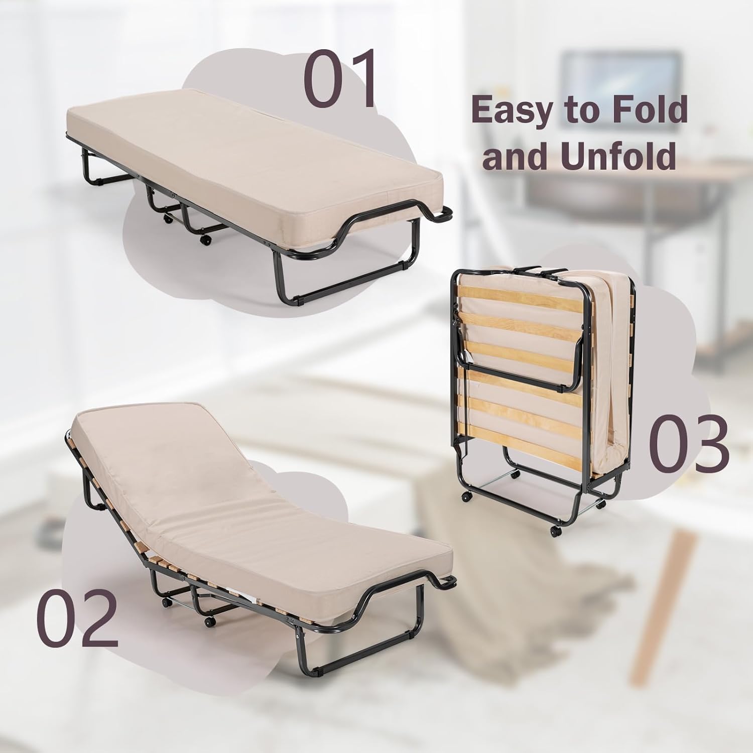 Cama plegable con colchones de 4 pulgadas para adultos, cama individual