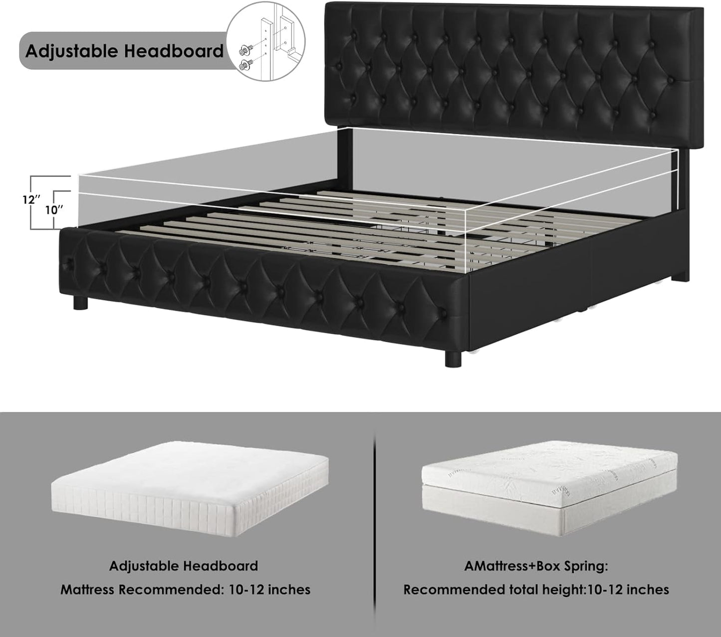 Keyluv Moderna base de cama tapizada con 4 cajones de almacenamiento,...