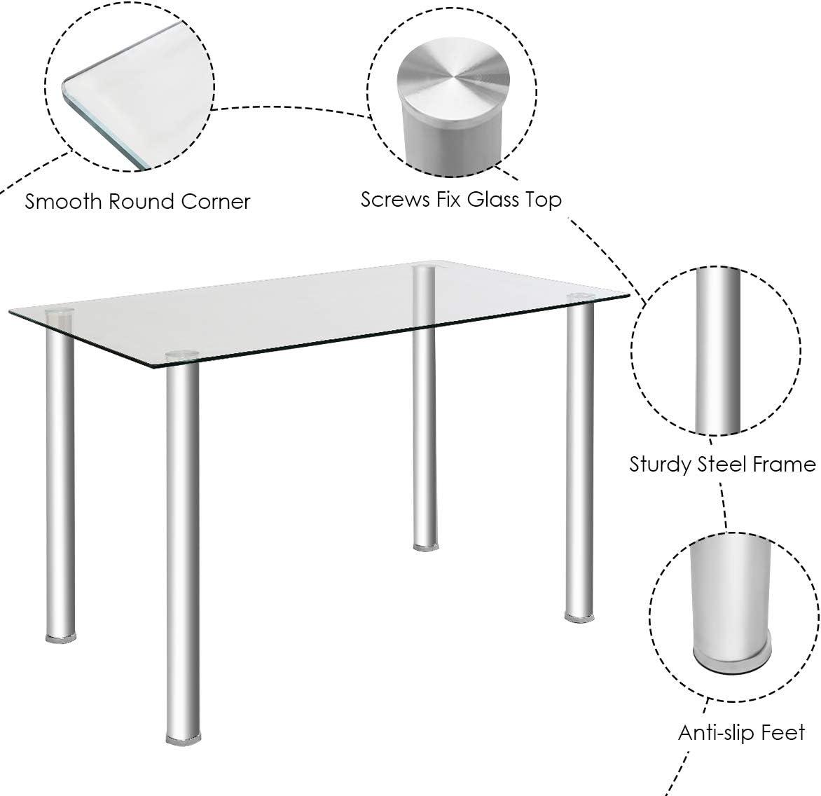 Juego de 4 mesas de comedor con tapa de vidrio y sillas de cuero de PVC para