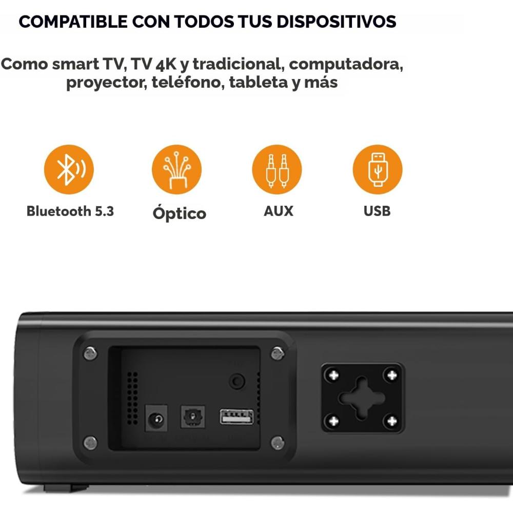 Barra de sonido Bluetooth 5.3 de 16 pulgadas con conexión óptica/AUX/USB