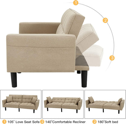 Sofá cama tipo futón, moderno sofá cama convertible de tela de lino tapizado