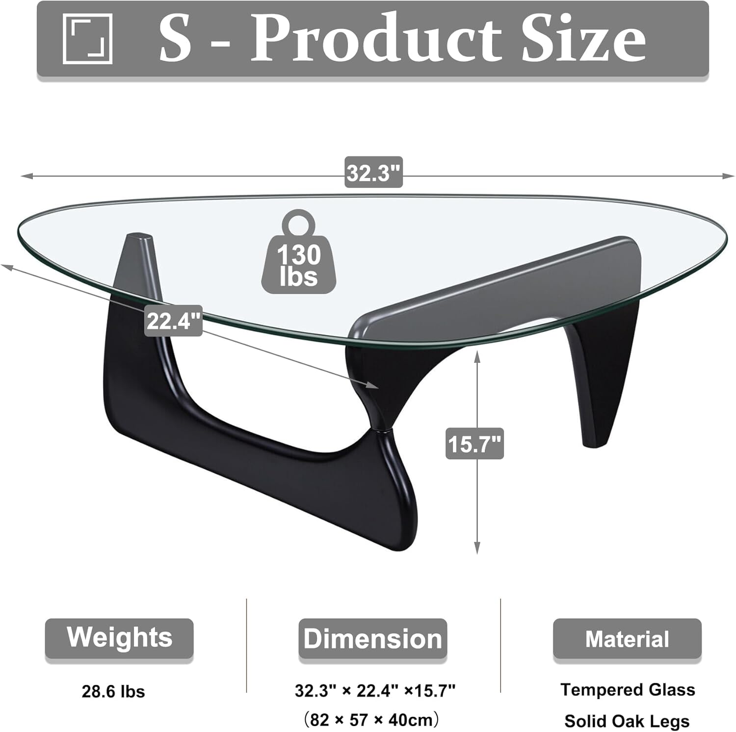 Mesa auxiliar  Mesa de centro triangular de vidrio con base de madera maciza,...