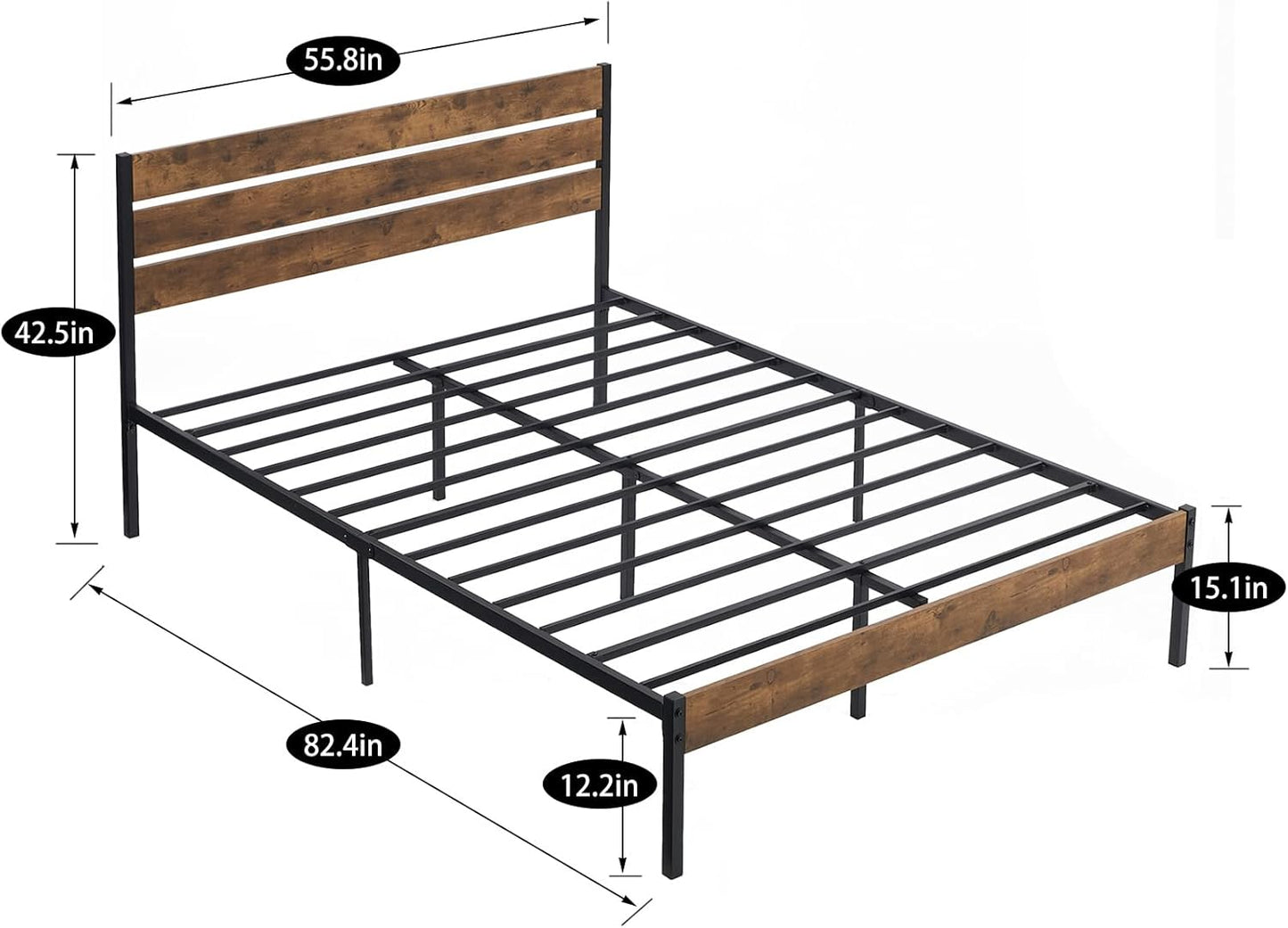 VECELO Base de cama matrimonial con cabecera y estribo de madera rústica...