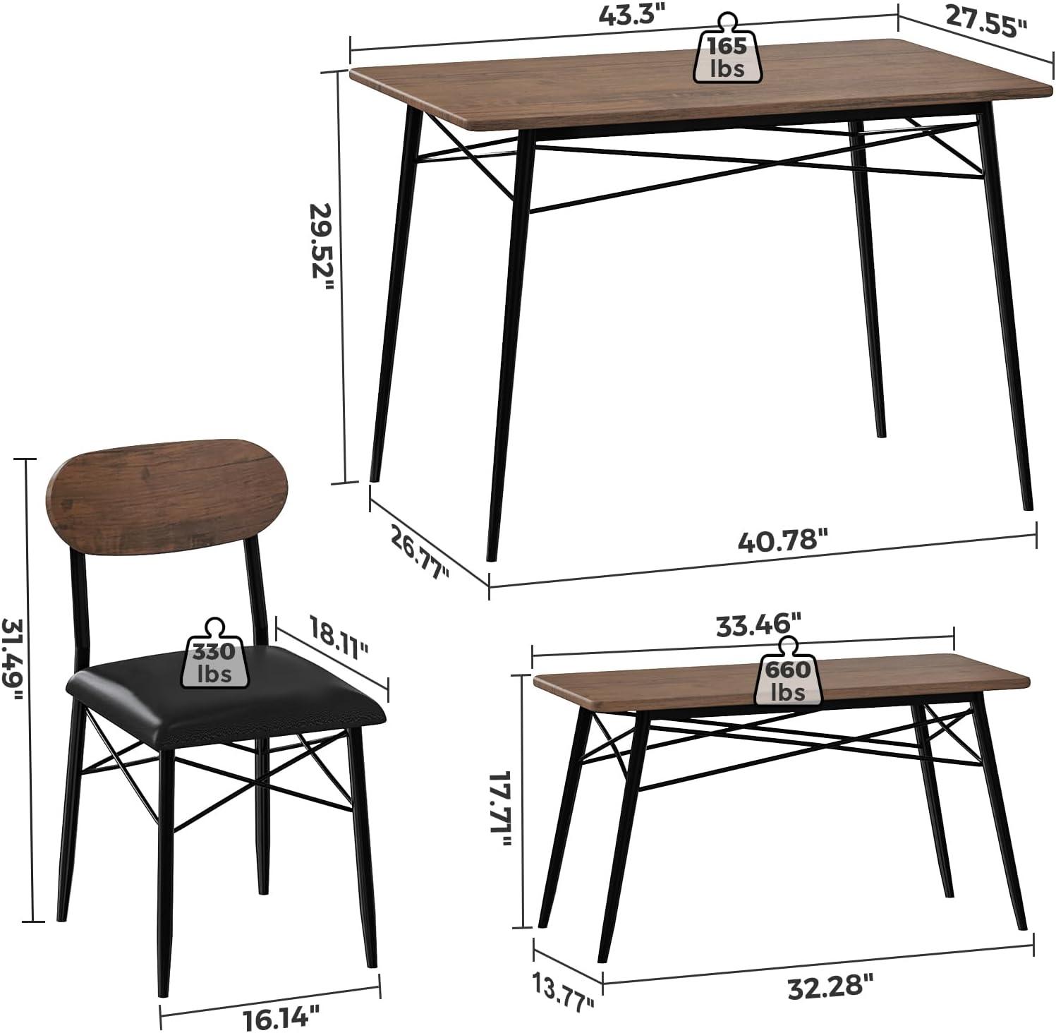 Juego de mesa de comedor para 4, mesa de cocina de 4 piezas con sillas y banco,