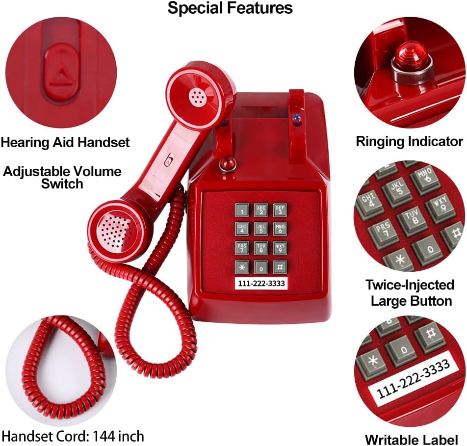 Teléfono fijo rojo tradicional, teléfono con cable retro con indicador de...