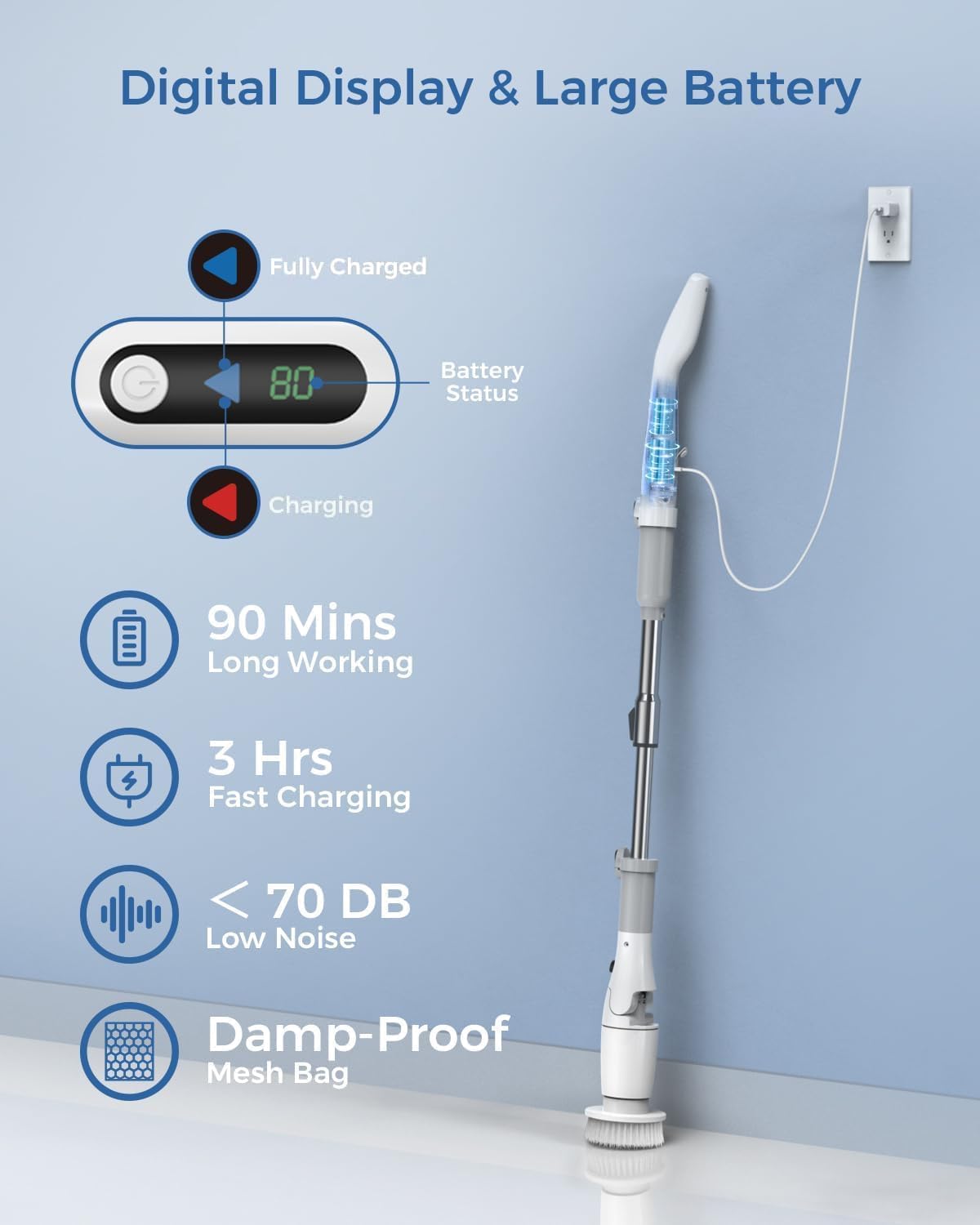 Limpiador eléctrico giratorio, cepillo de limpieza inalámbrico con pantalla y 3