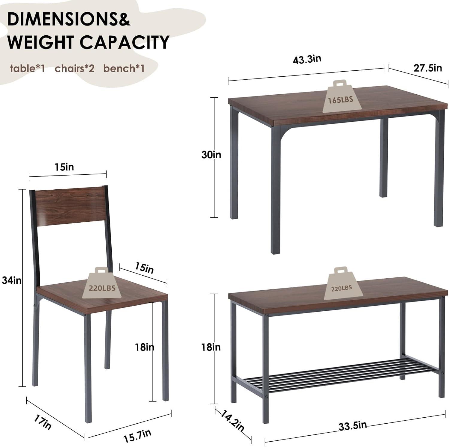 SogesHome Juego de mesa de comedor de 4 piezas para 4, sillas de banco de mesa