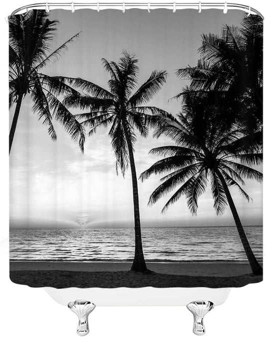 Cortina de ducha de palmera blanca y negra, playa, paisaje tropical, selva,...