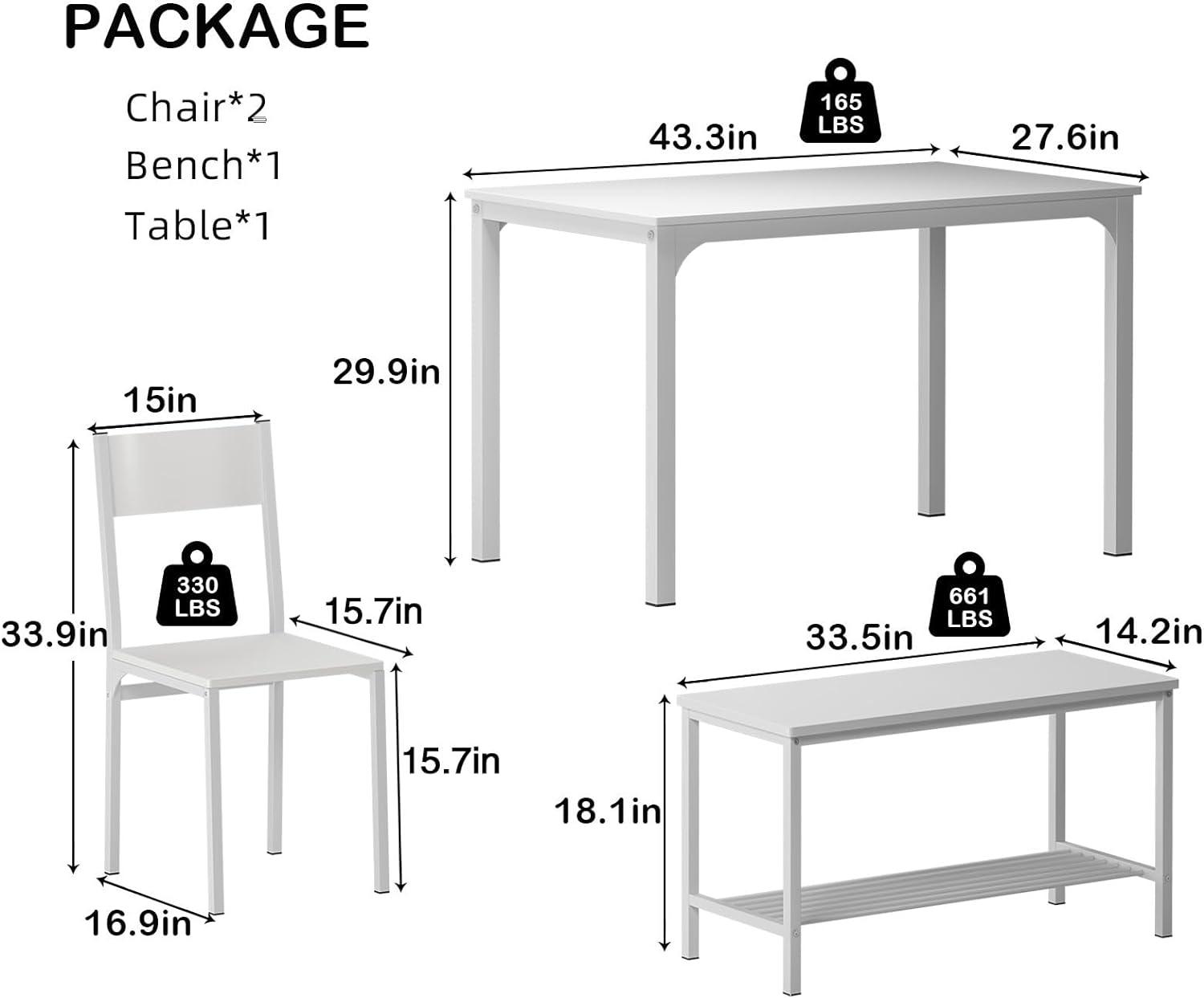 Juego de mesa de comedor para 4, mesa de comedor de 43 pulgadas con dos sillas